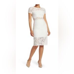 NWT - NSR Women's Stretch White Lace Peekaboo Short Sleeve Midi Dress Size L